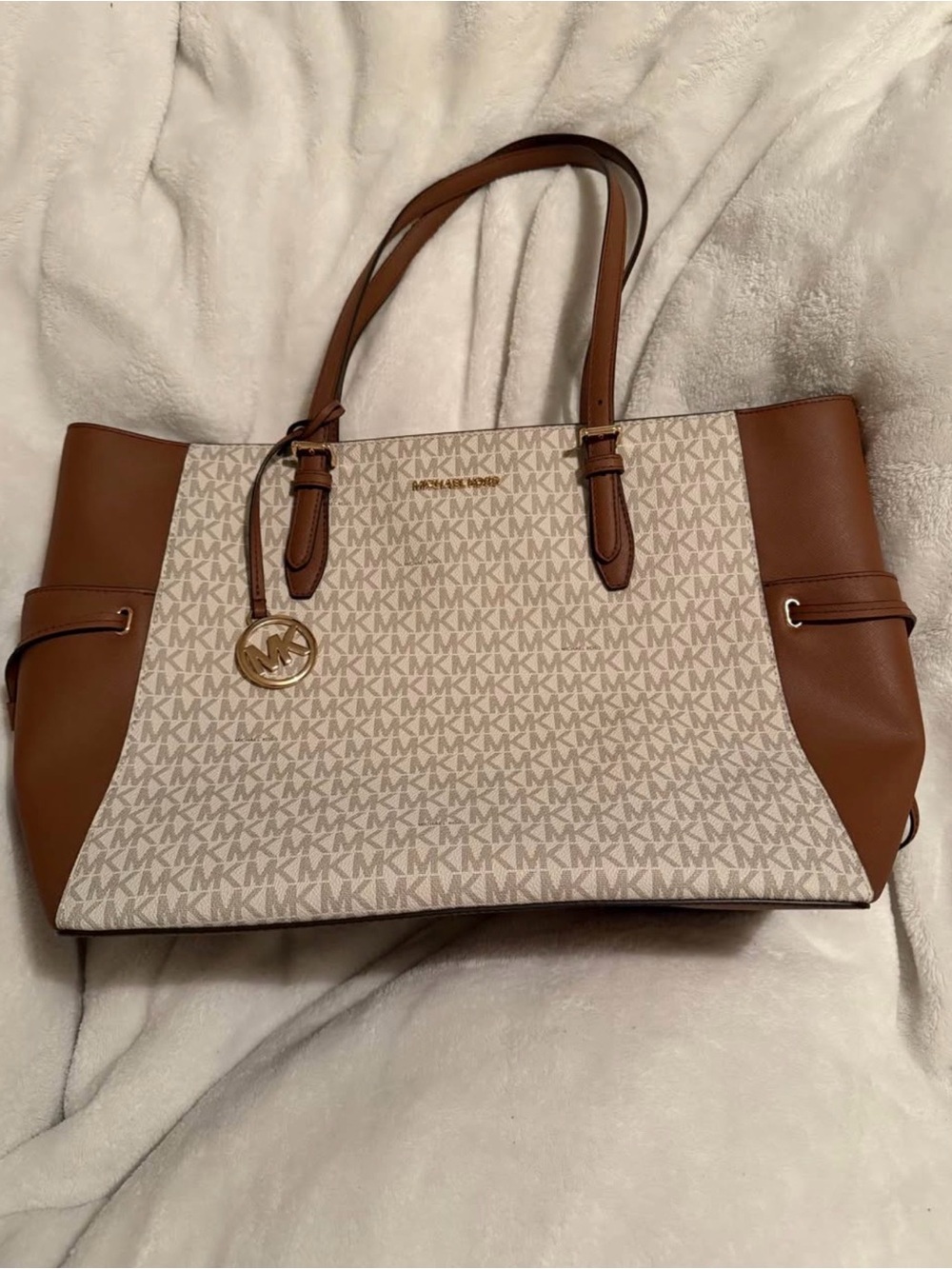 Michael Kors Beige MK Signature Tote with Brown Trim